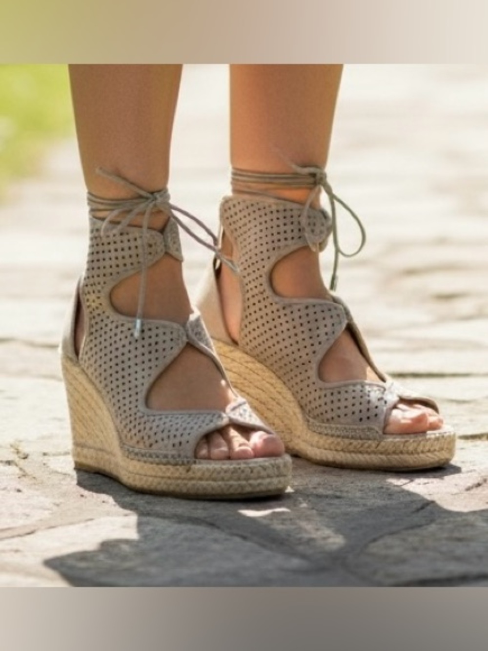 FRANCO SARTO Taupe Perforated Espadrille Wedge, size 7.5